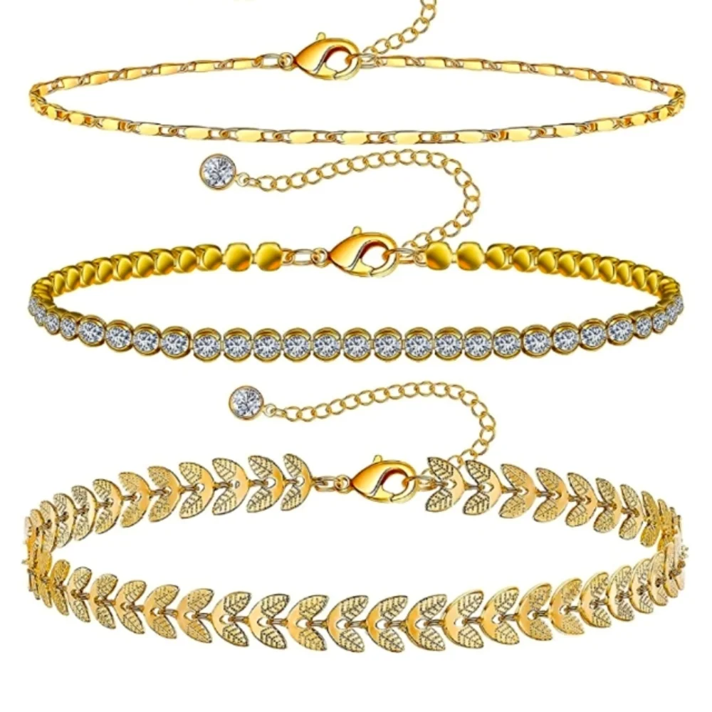 14 K Gold & CZ ANKLE BRACELETS SET OF 3 NWT - Picture 2 of 5